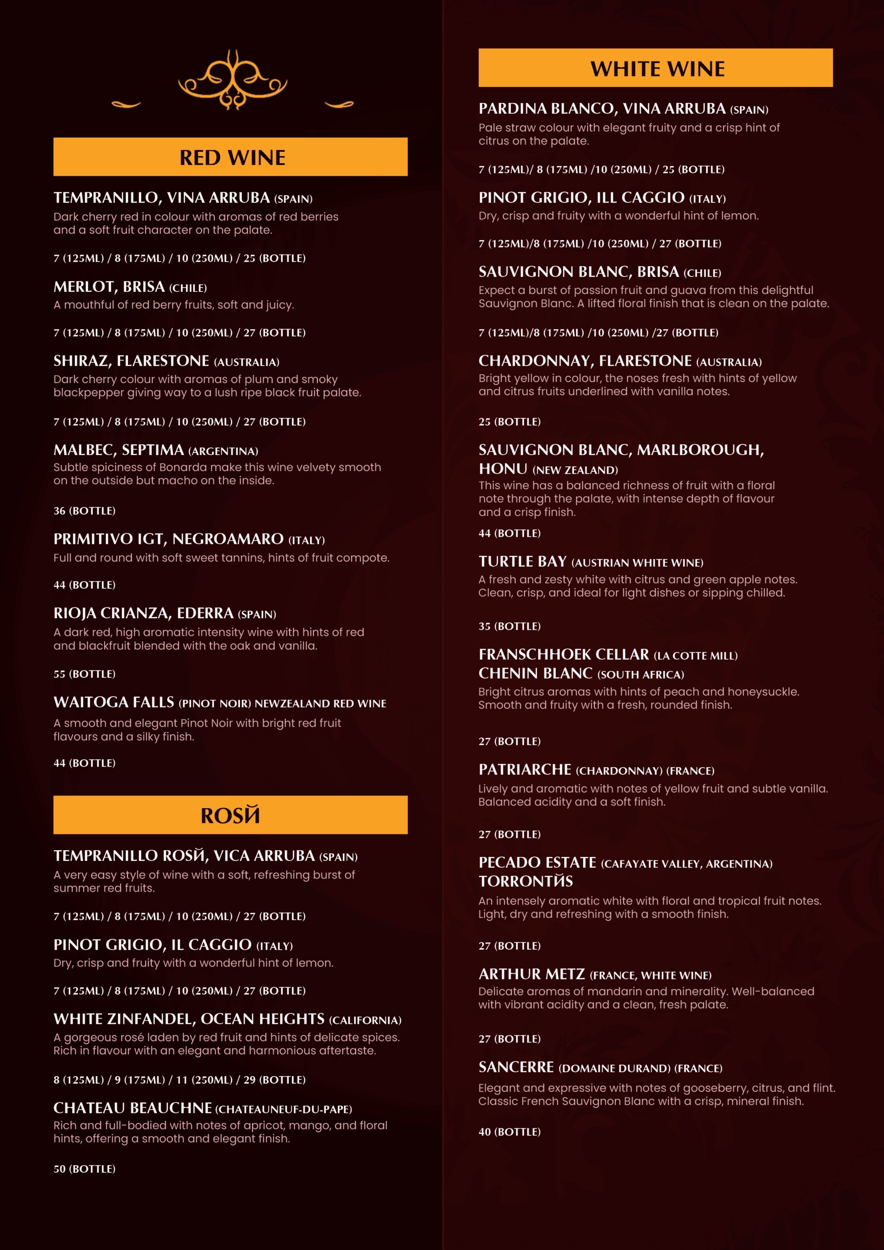 Bar Menu 4 Indian Kitchen, Cocktail & Shisha Lounge Red and white wine list Camberley Indian restaurant bar