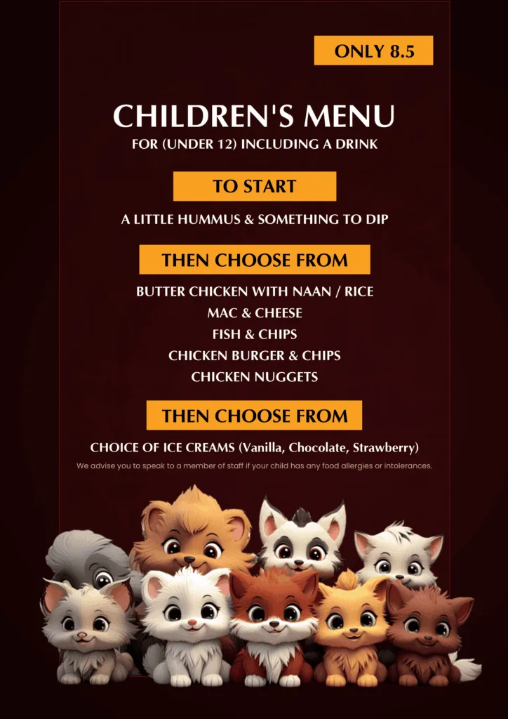 Kids Menu 1 Indian Kitchen, Cocktail & Shisha Lounge Kids menu Camberley – Indian child-friendly meals at Roti Corner