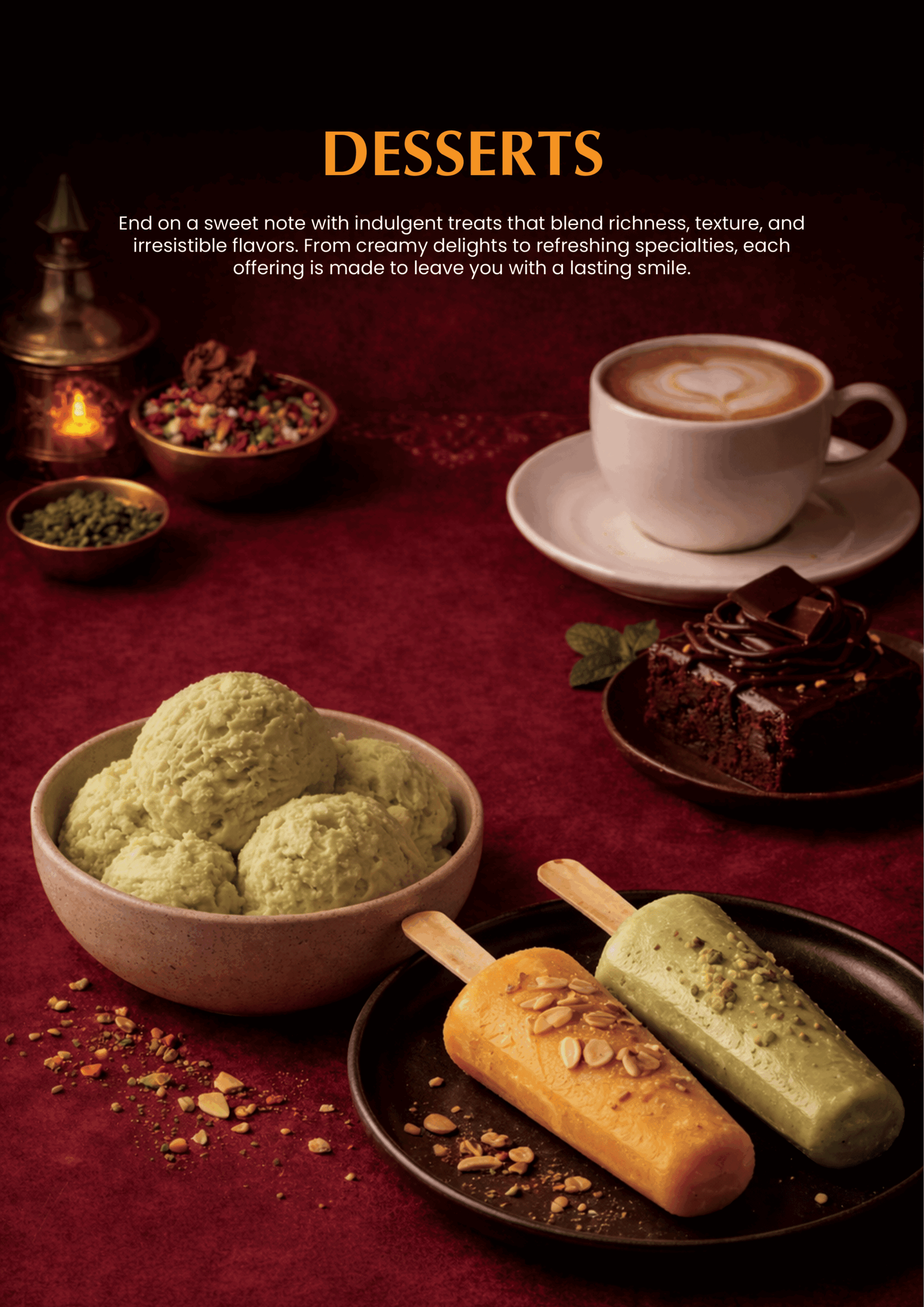 Dessert Menu 2 Indian Kitchen, Cocktail & Shisha Lounge Dessert menu Camberley – selection of Indian sweets, gulab jamun, rasmalai, kulfi