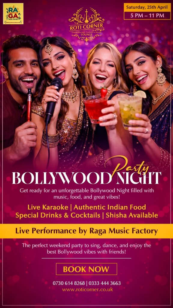 Bollywood Party Night at Roti Corner Camberley with live karaoke, cocktails and Indian food