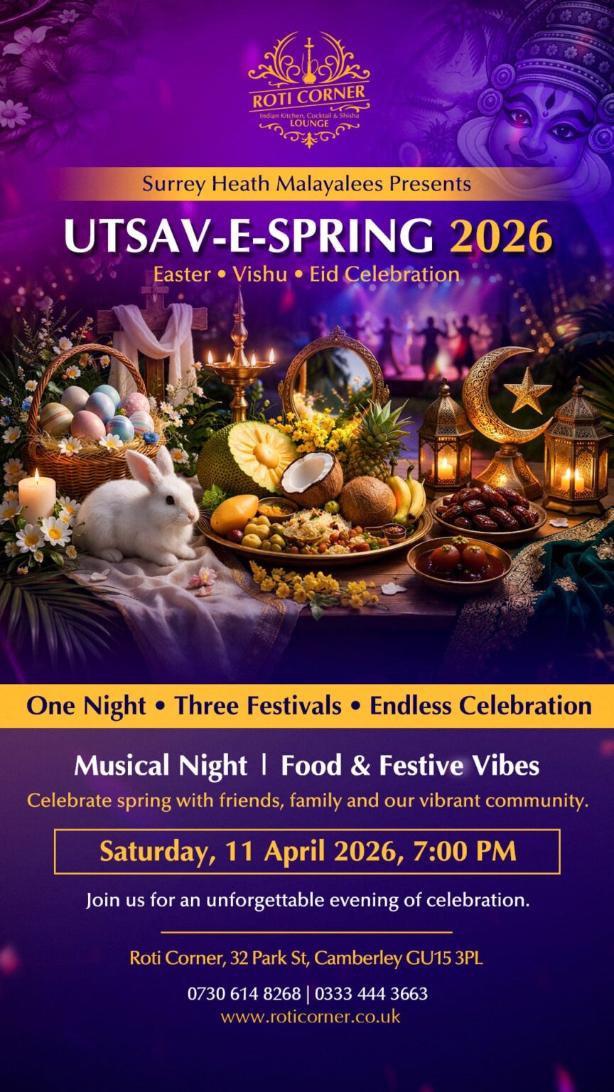 Utsav-E-Spring 2026 1 Indian Kitchen, Cocktail & Shisha Lounge Utsav-E-Spring 2026 Easter Vishu Eid celebration event at Roti Corner Camberley