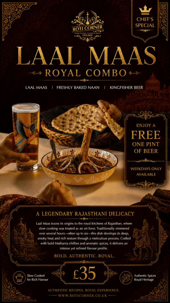 Laal Maas Royal Combo with naan and free pint of beer at Roti Corner