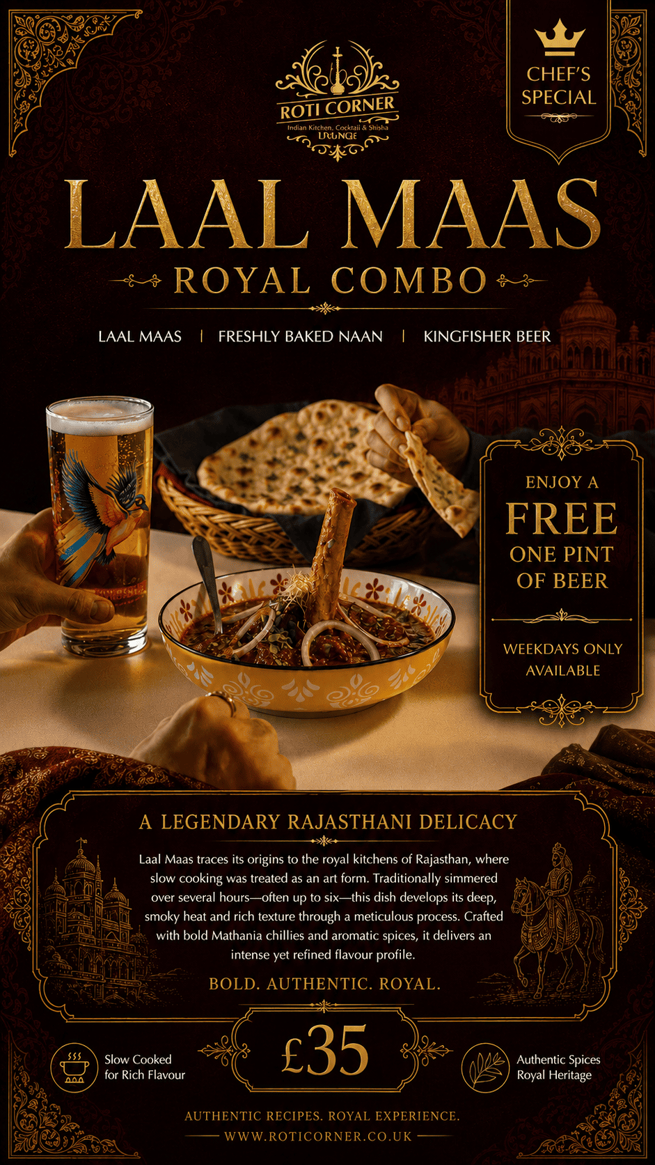 Home 6 Indian Kitchen, Cocktail & Shisha Lounge Laal Maas Royal Combo with naan and free pint of beer at Roti Corner