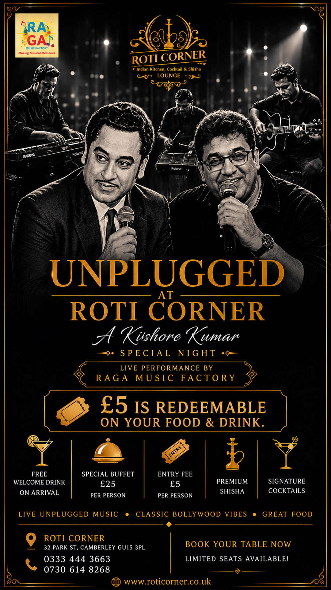 Home 1 Indian Kitchen, Cocktail & Shisha Lounge Unplugged Night live music event at Roti Corner Camberley