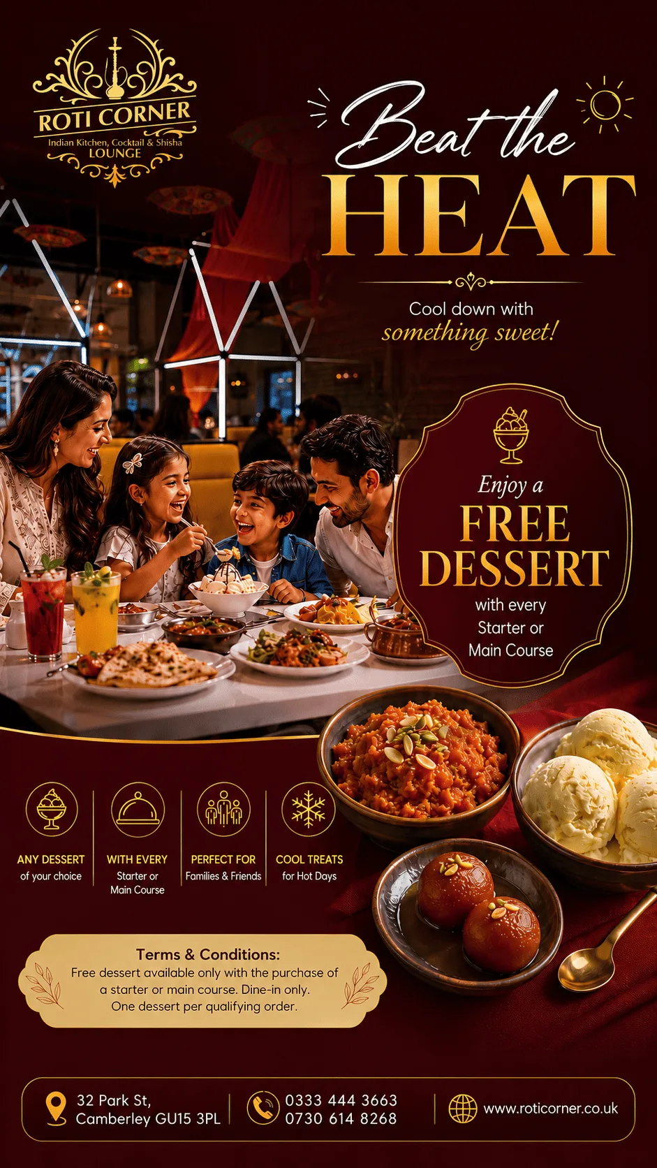 Home 16 Indian Kitchen, Cocktail & Shisha Lounge Free Dessert Offer at Roti Corner with Indian desserts and family dining experience