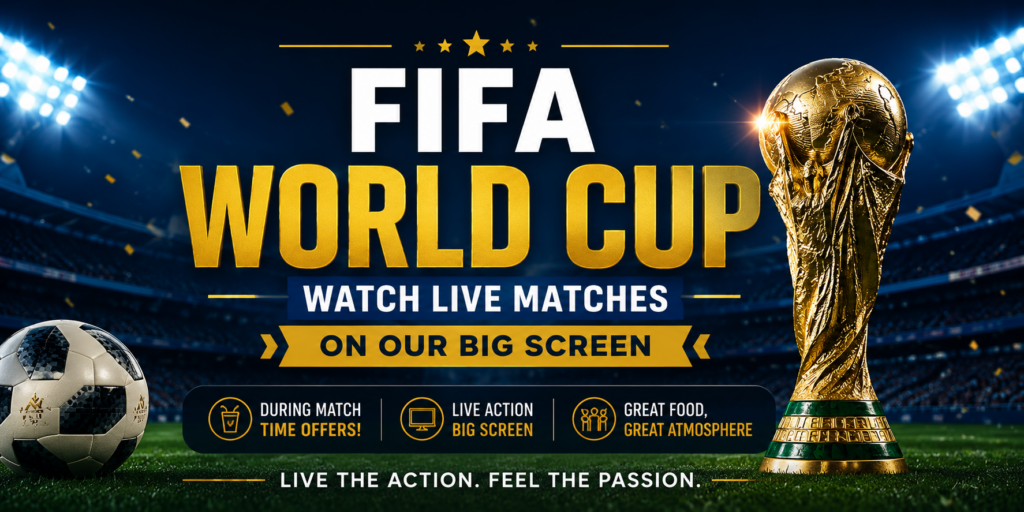 FIFA 2026 live football match at Roti Corner Camberley with big screen viewing, Kingfisher beer and Indian food offers.