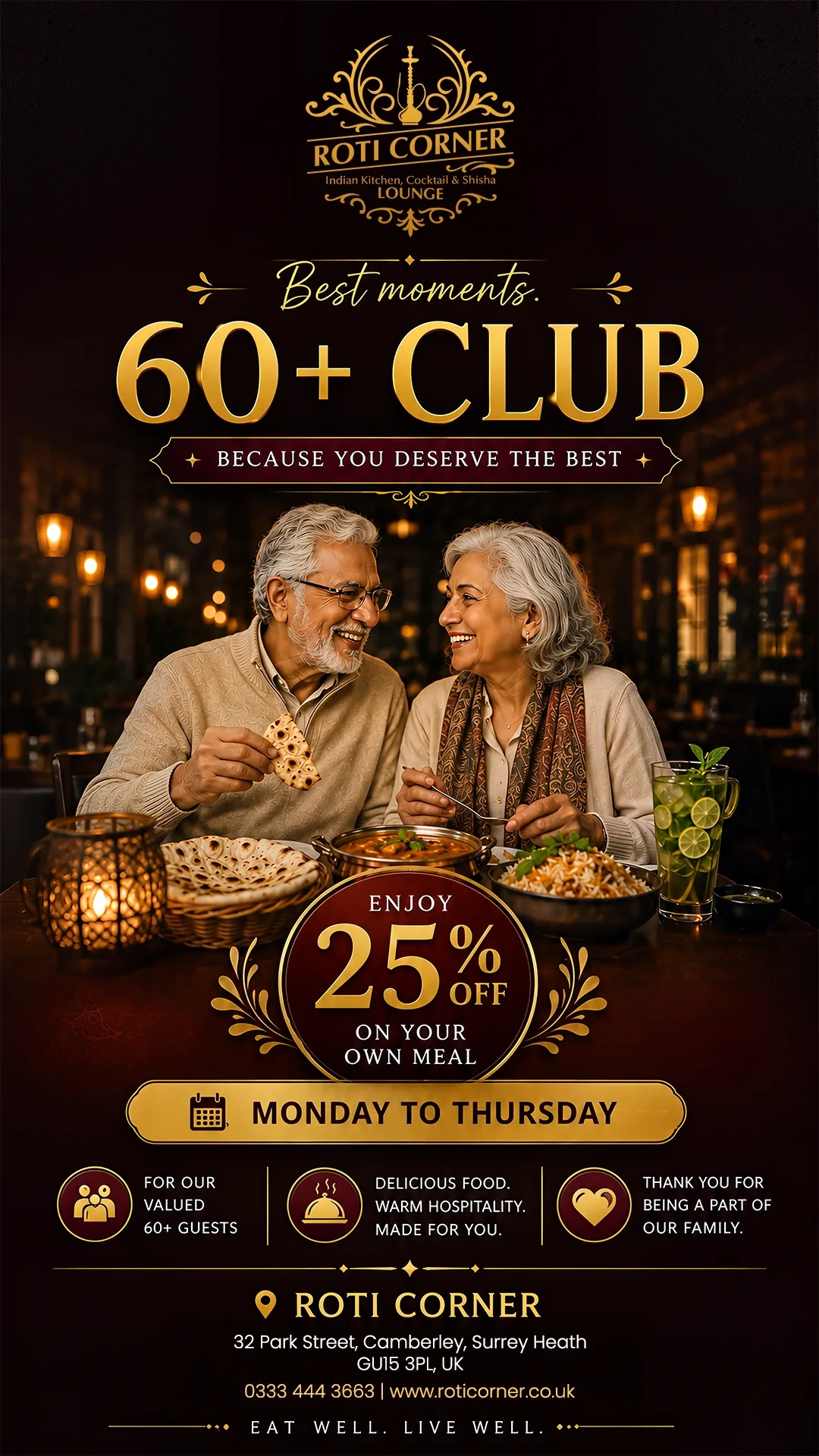 60 Plus Club Offer at Roti Corner with 25 percent off meals for guests aged 60 and above