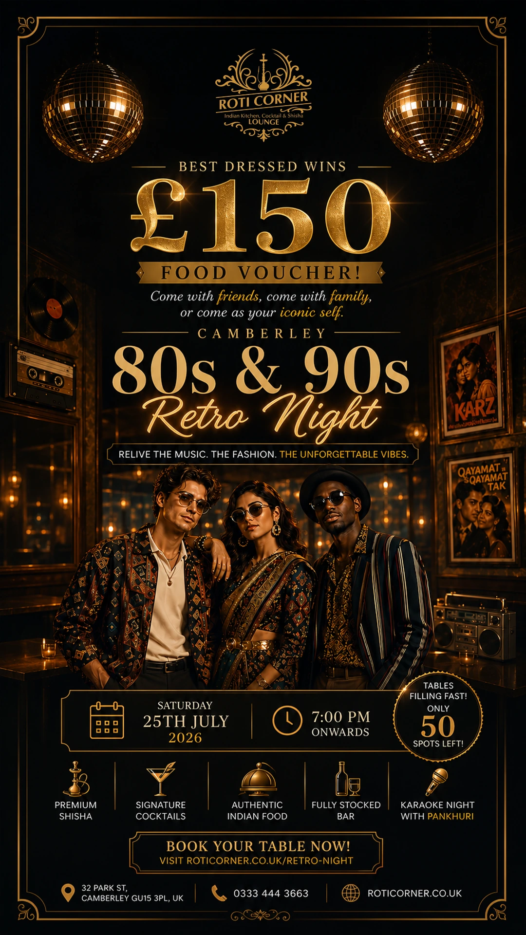 Home 12 Indian Kitchen, Cocktail & Shisha Lounge 80s & 90s Retro Night at Roti Corner Camberley