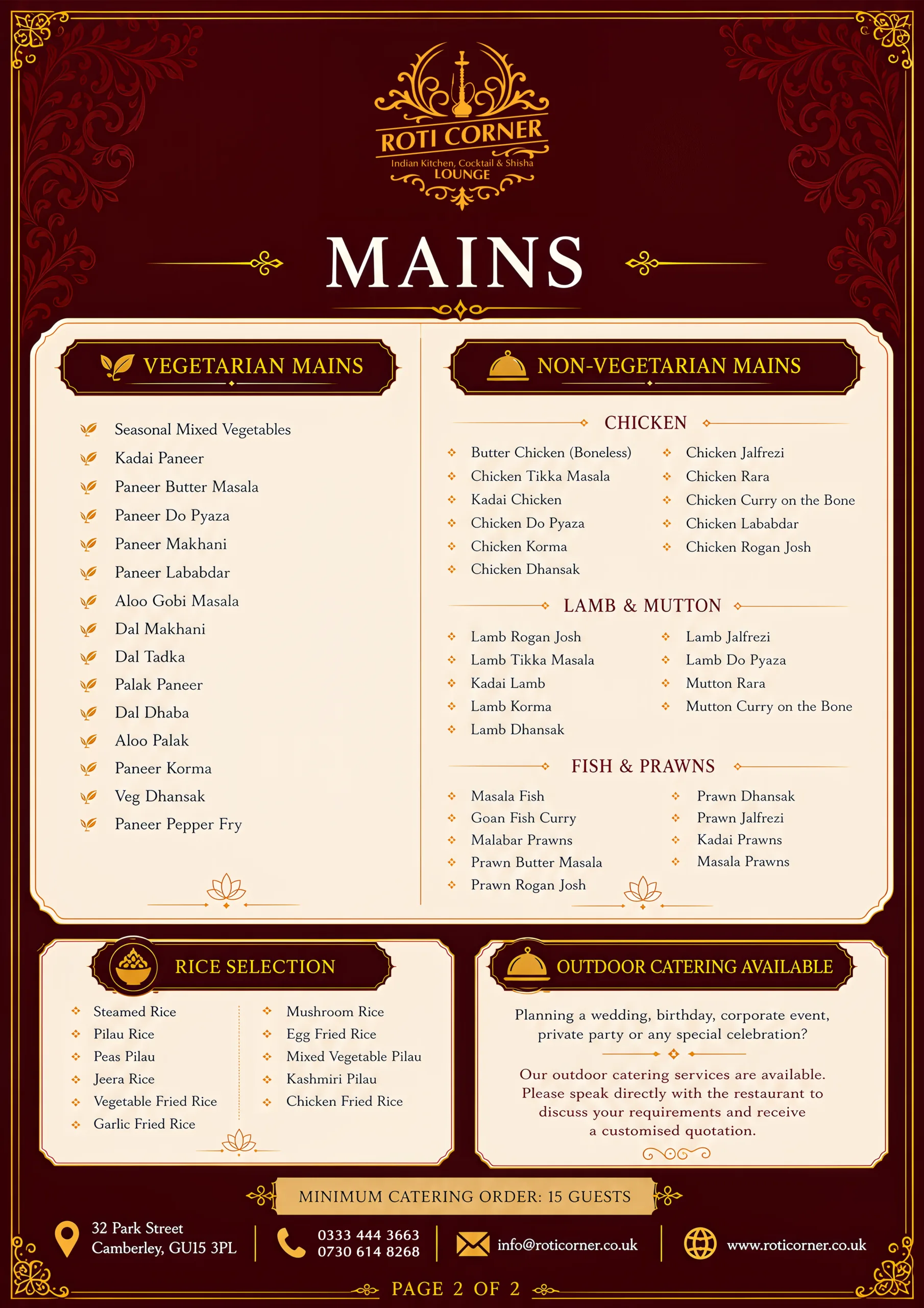 Catering Menu 2 Indian Kitchen, Cocktail & Shisha Lounge Indian Set Menu Catering Camberley
