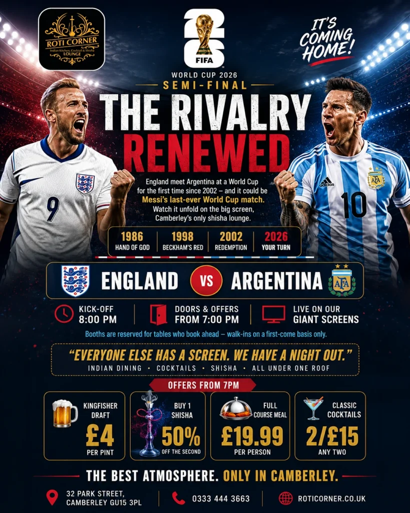England FIFA World Cup 2026 live screening at Roti Corner Camberley