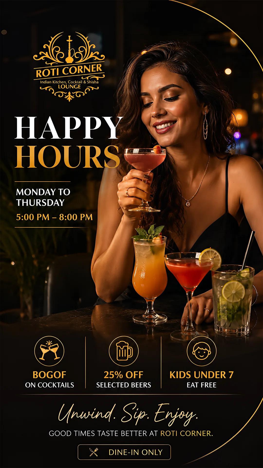 Home 15 Indian Kitchen, Cocktail & Shisha Lounge Happy Hours offer at Roti Corner Camberley