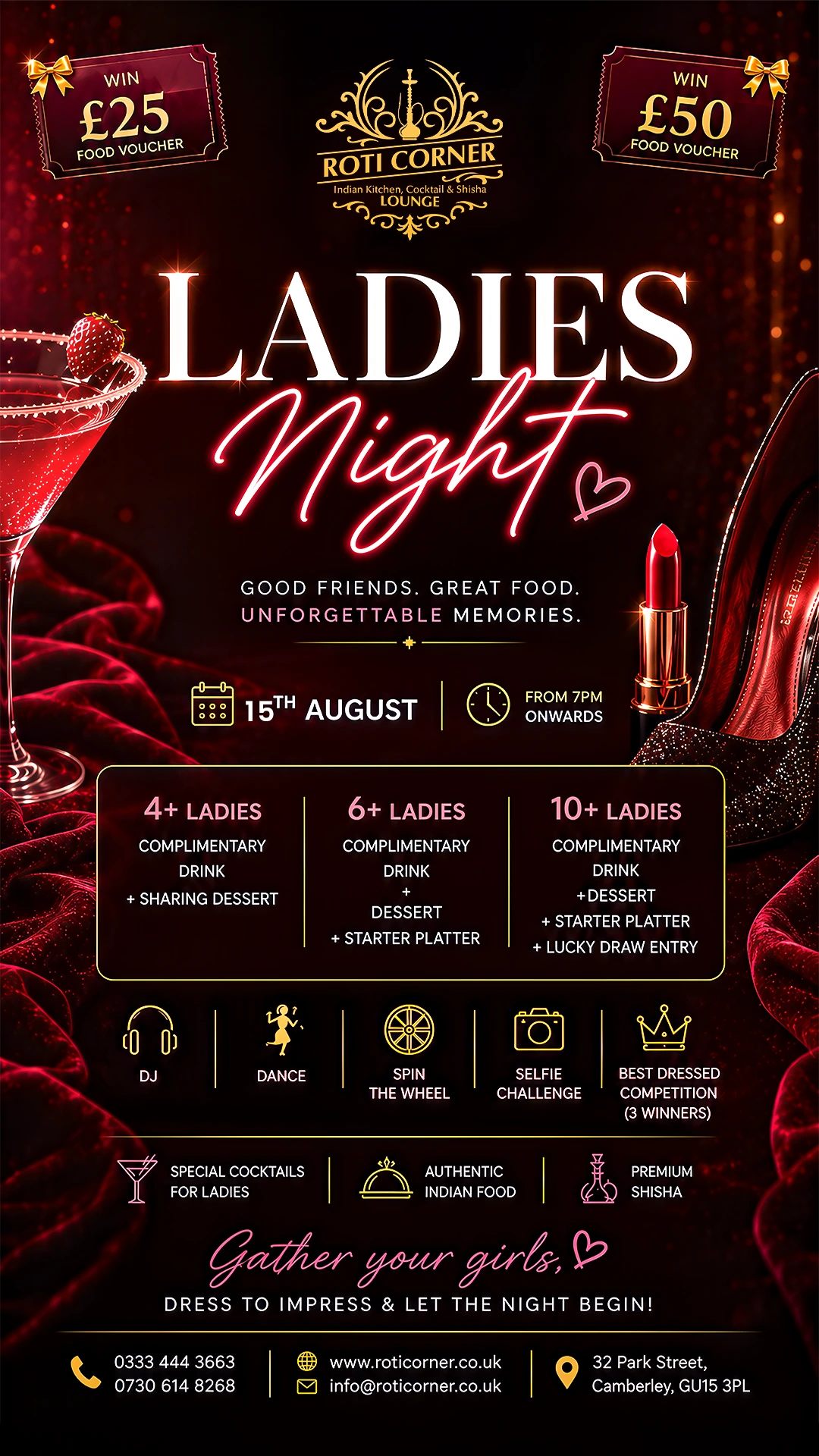 Home 13 Indian Kitchen, Cocktail & Shisha Lounge Ladies Night event at Roti Corner Camberley with DJ and cocktails