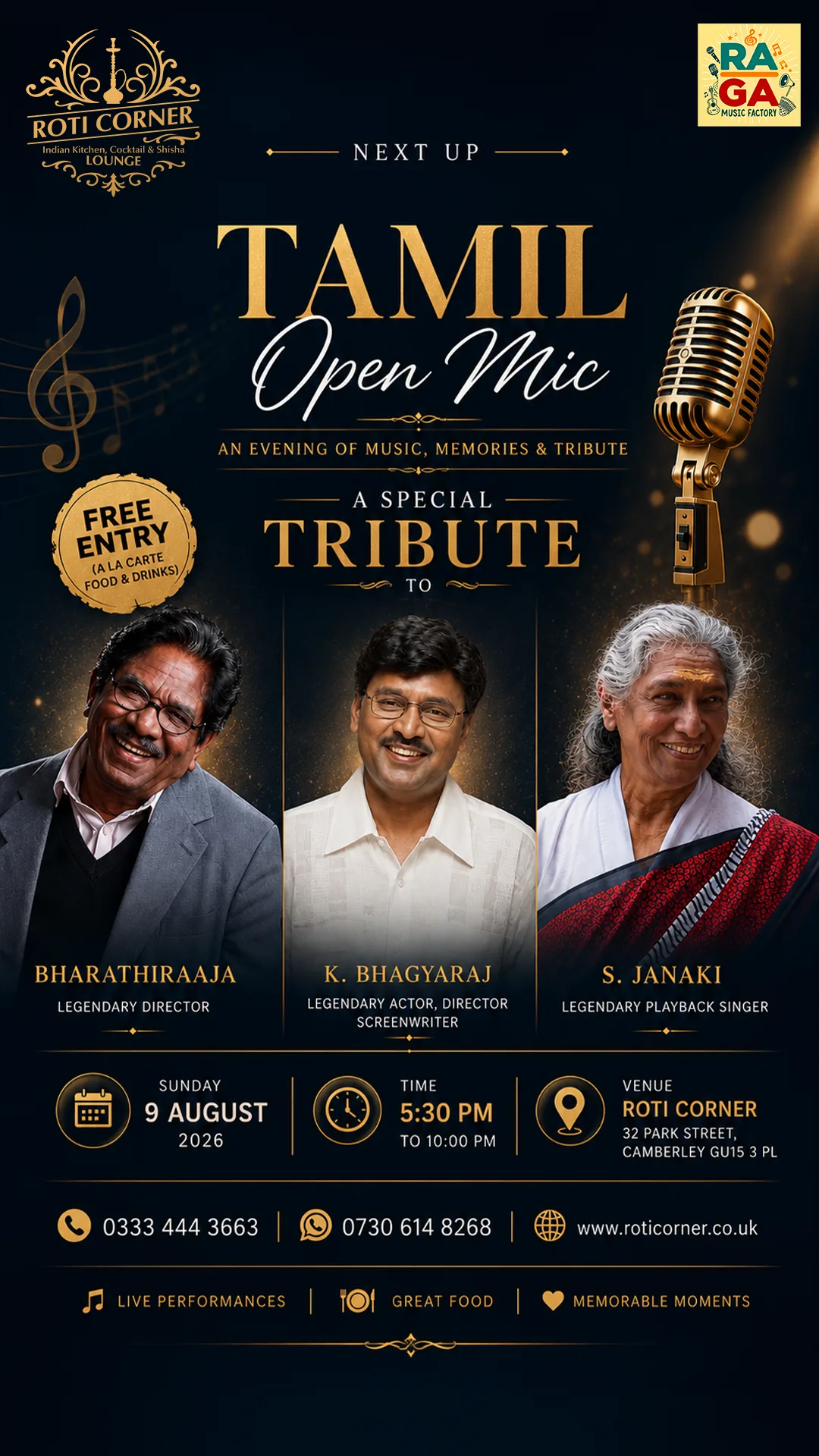 Home 15 Indian Kitchen, Cocktail & Shisha Lounge Tamil Open Mic tribute night at Roti Corner Camberley