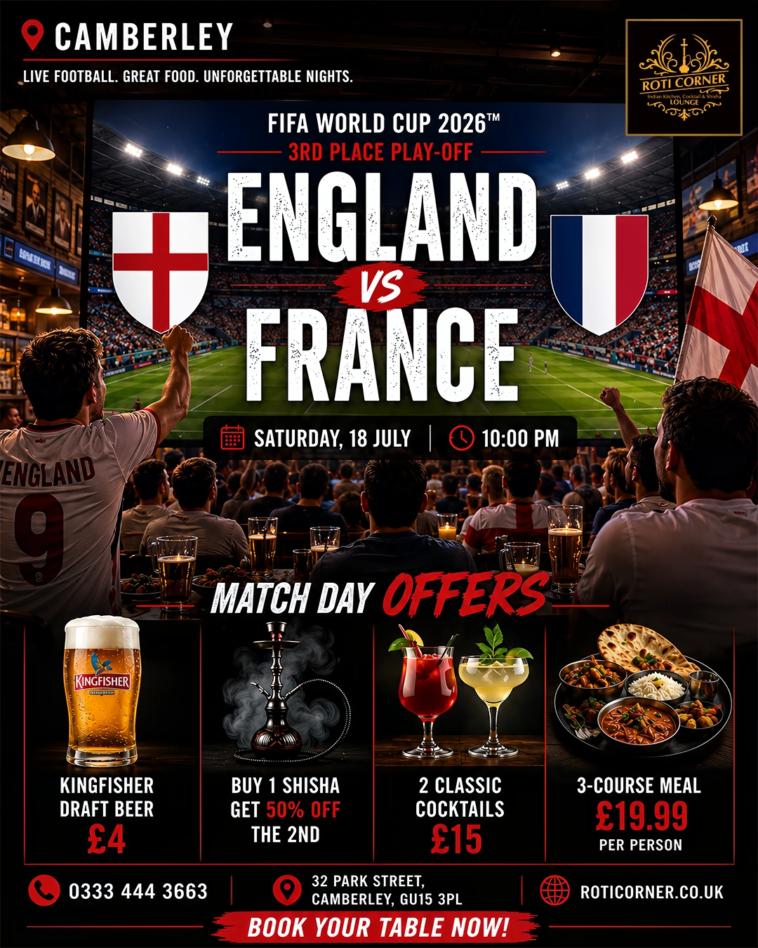 Home 11 Indian Kitchen, Cocktail & Shisha Lounge England FIFA World Cup 2026 live screening at Roti Corner Camberley