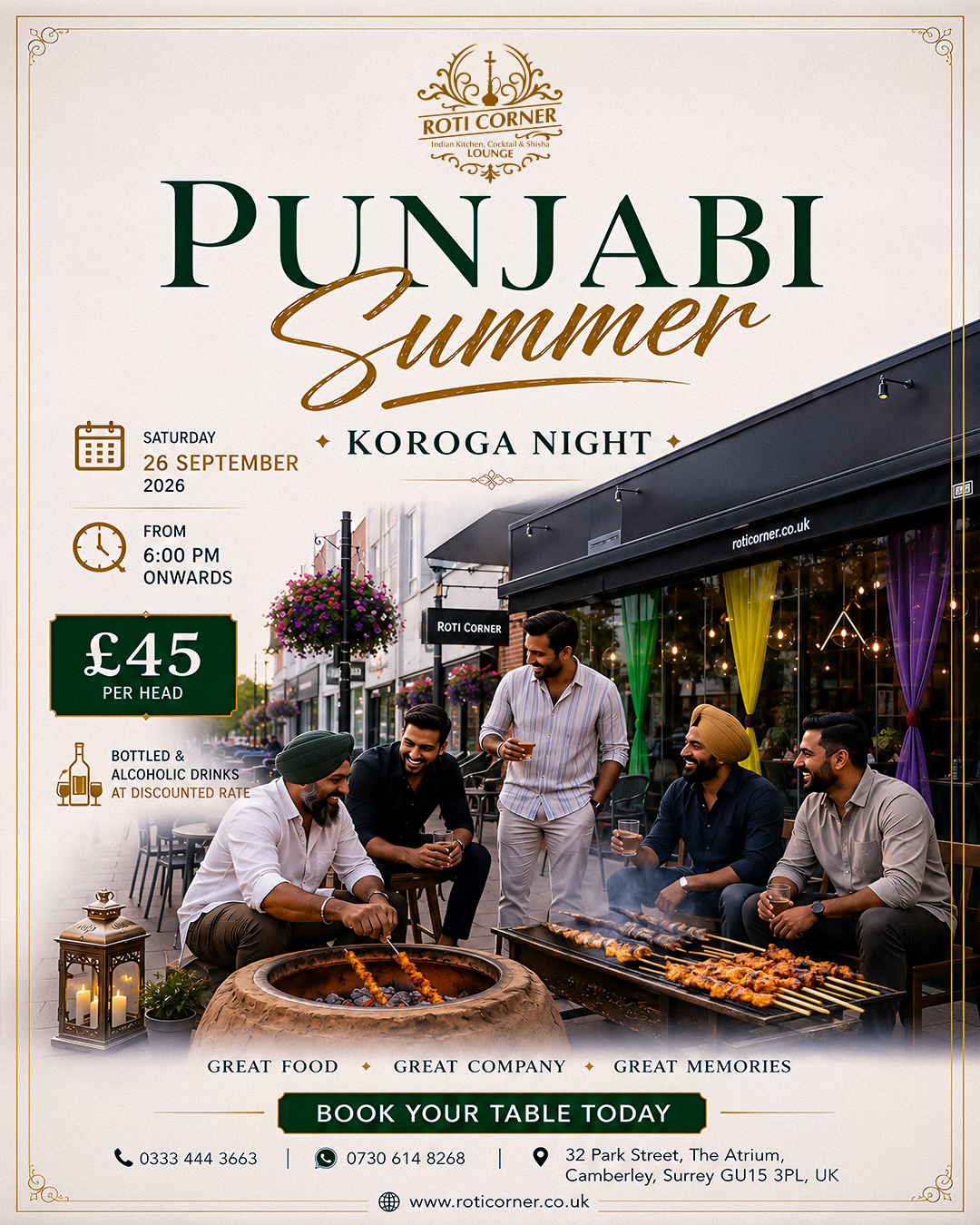 Home 3 Indian Kitchen, Cocktail & Shisha Lounge Punjabi Summer Koroga Night Camberley event at Roti Corner