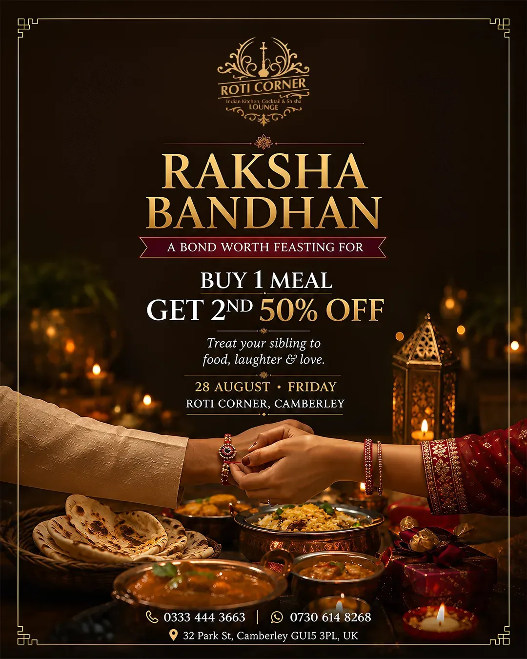 Home 1 Indian Kitchen, Cocktail & Shisha Lounge Raksha Bandhan Camberley special dining offer at Roti Corner