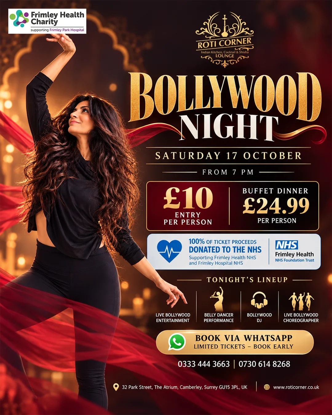 Home 3 Indian Kitchen, Cocktail & Shisha Lounge Bollywood Night Camberley 2026 at Roti Corner with live entertainment and Indian food