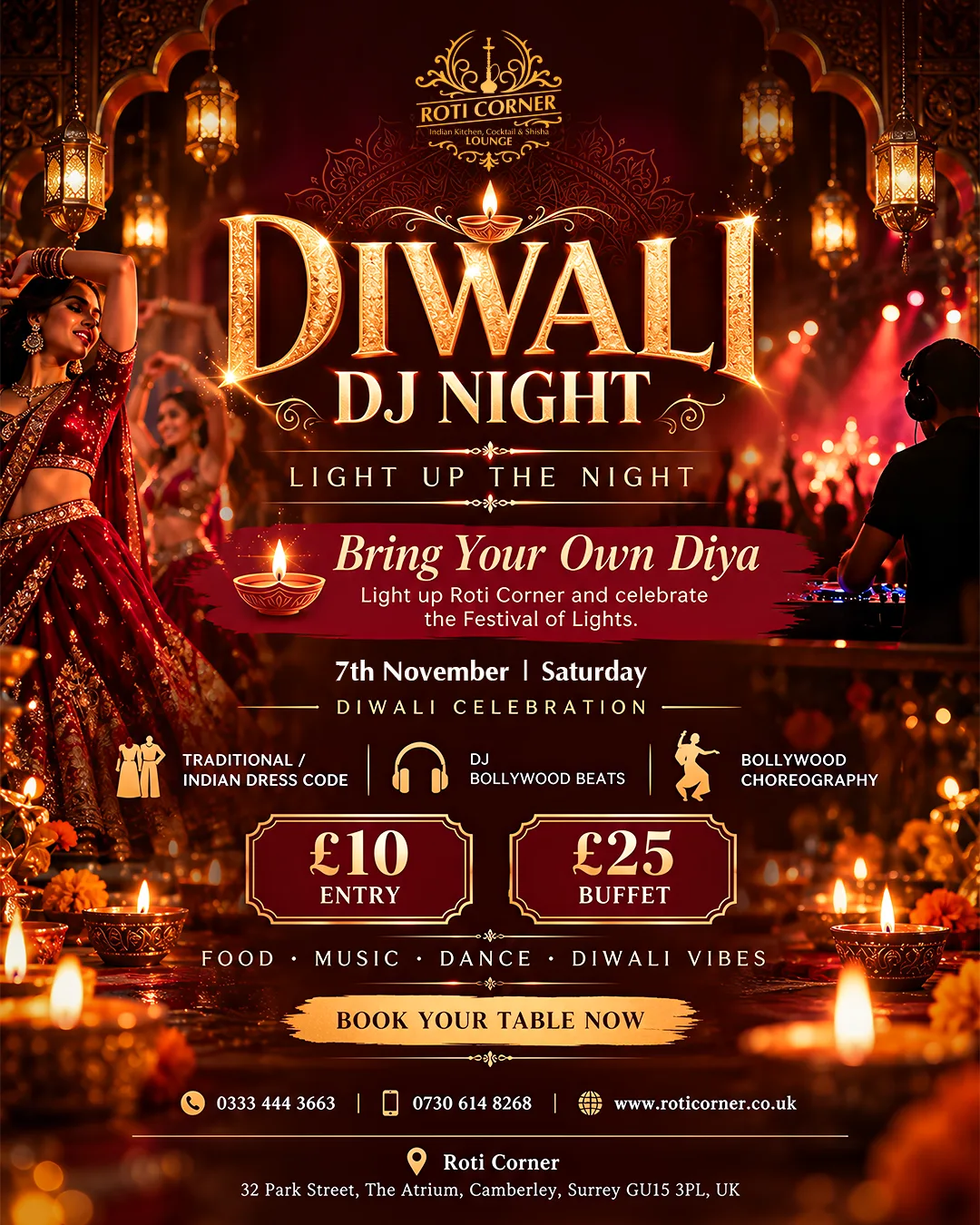 Home 5 Indian Kitchen, Cocktail & Shisha Lounge Diwali DJ Night Camberley 2026 at Roti Corner with Bollywood music and dance