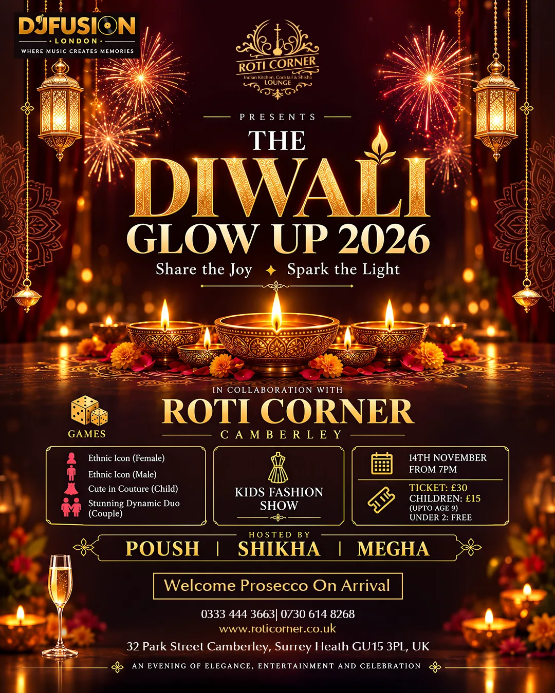 Home 6 Indian Kitchen, Cocktail & Shisha Lounge Diwali Event Camberley 2026 at Roti Corner Diwali Glow Up